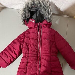 Calvin Klein Burgundy Puffer Jacket with Faux Fur Trim